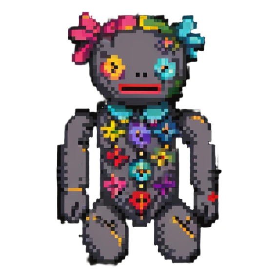 A colorful pixelated voodoo doll with bright fabric patches in different colors, button eyes, and colorful pins sticker
