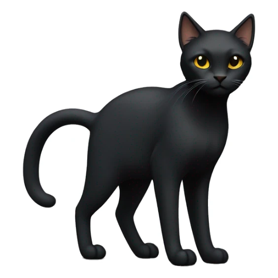 Petite, solid black cat with sleek fur, light yellow eyes, and small black tufts of pointed hairs at the very tips of he ears only, blending in with her black fur. Full body, no white markings sticker
