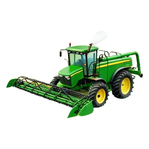 John Deere R4045 (2020) – Cinematic-realistic John Deere R4045 self-propelled sprayer, its green and yellow body gliding over rows of crops. Long booms extend across the field, misting a fine spray over the vibrant green plants, ensuring a healthy harvest under a bright blue sky. sticker