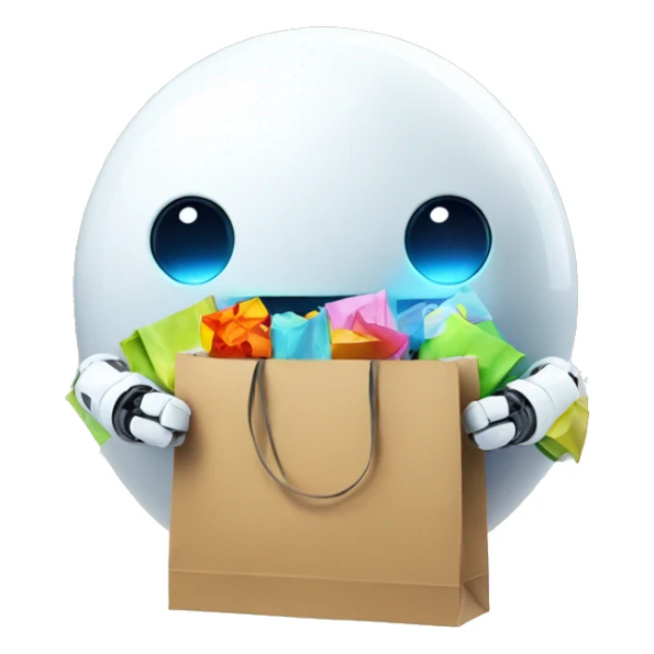 cute white floating spherical happy robot with floating shopping bags cool sticker