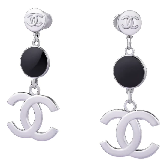 3D emoji-style minimalist Chanel logo earrings, silver and black, modern sticker