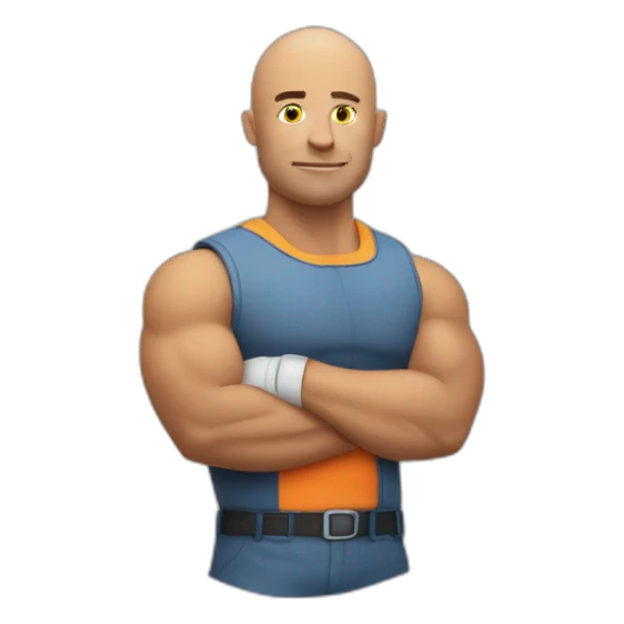 Bald muscular Man with a big round traffic sign in his hand which he uses as a shield sticker