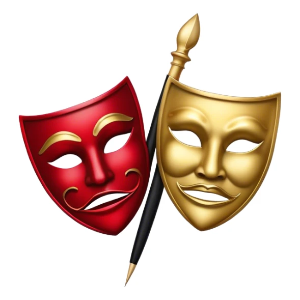 Create a bold and dramatic emoji representing the art of playwriting. The design should feature an open script or a theater playbook, with stylized text lines or dramatic dialogue inside. Include elements like a theatrical comedy and tragedy masks, a stage spotlight, or a writting quill to symbolize creativity and performance. Use deep, contrasting colors like red, black, and gold to evoke the intensity and passion of drama. The overall design should feel dramatic, inspiring, and artistic. Make the background transparent. sticker