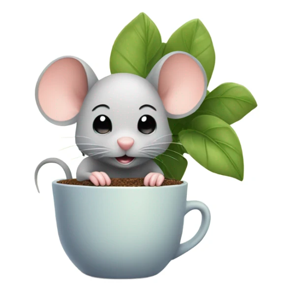 Cute mouse with a potted houseplant and cup of tea sticker