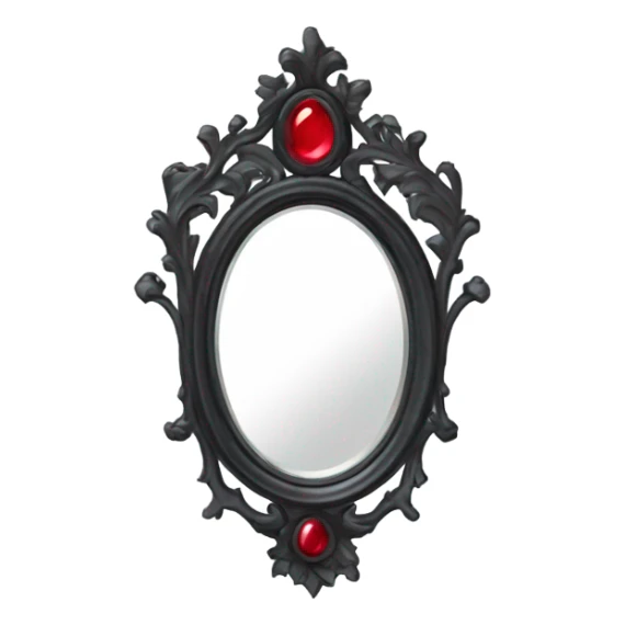 "A Victorian-era Gothic mirror with a black frame, gray-tinted glass, and a red ruby accent."
 sticker