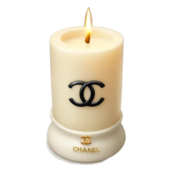 a vanilla candle in a small white candle holder with a chanel logo sticker