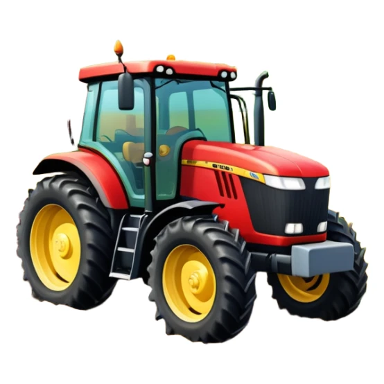 An icon representing a Farming Simulator 22, with a detailed tractor, plowing fields under a bright sky with a colorful rural landscape. The design includes farming tools, crops and barns, symbolizing the immersive experience of managing a farm. Transparent background. sticker