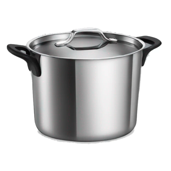 “Royal Prestige” Stainless steel pot with black handlers, food inside. sticker