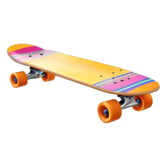 An icon featuring a colorful skateboard resting on a smooth pavement. The background shows a sunny park with trees, a clear sky, and a lively atmosphere. The skateboard's deck is decorated with vibrant designs, emphasizing its dynamic style. Transparent background  sticker