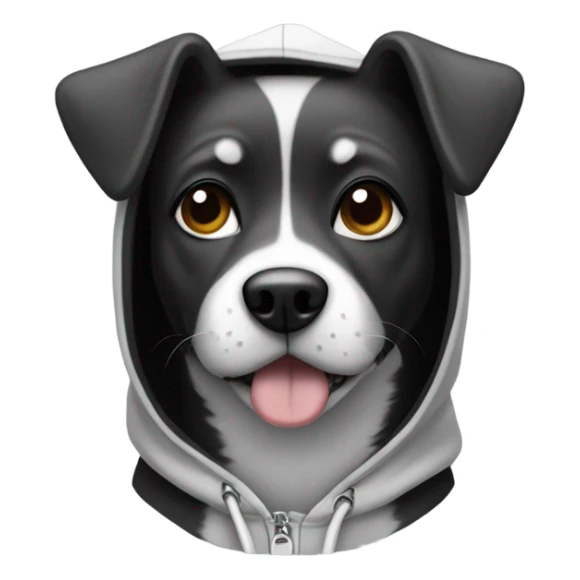 Black and white dog wearing a hoodie sticker