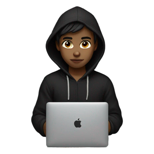 indonesian white skin boy wearingblack-hoodie with macbook sticker