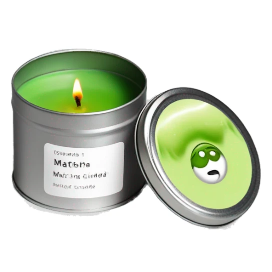 minimal matcha scented lit candle in small silver tin with realistic label sticker