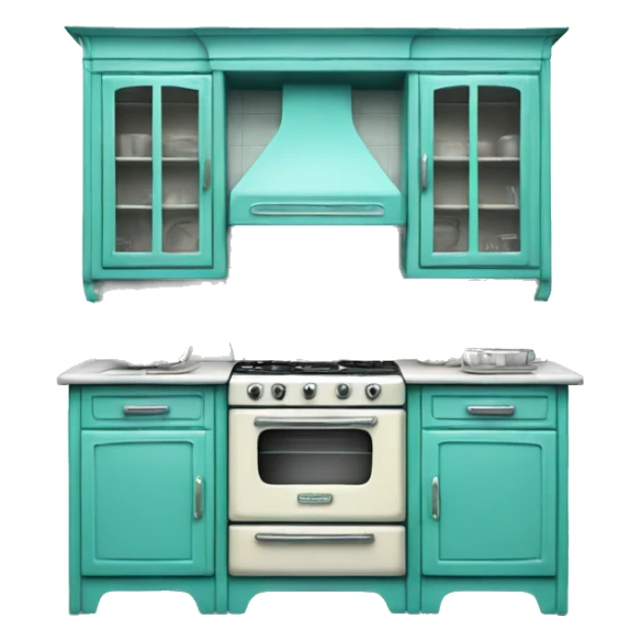 Isolated full length Realistic turquoise vintage retro kitchen range with cabinets and counters. sticker
