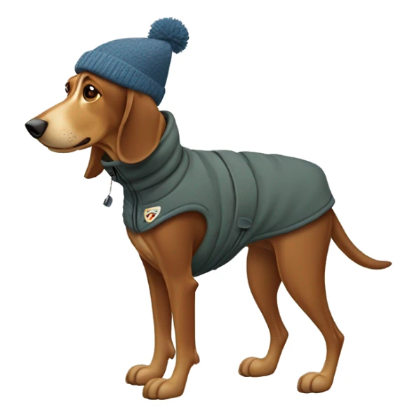 Brown hound on two legs with jackets pants and hat skiing  sticker