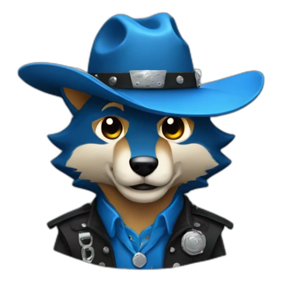 blue wolf with a black cowboy hat holding a cowboy revolver sticker