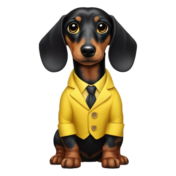 Black log haired dapple dachshund in a yellow suit sticker