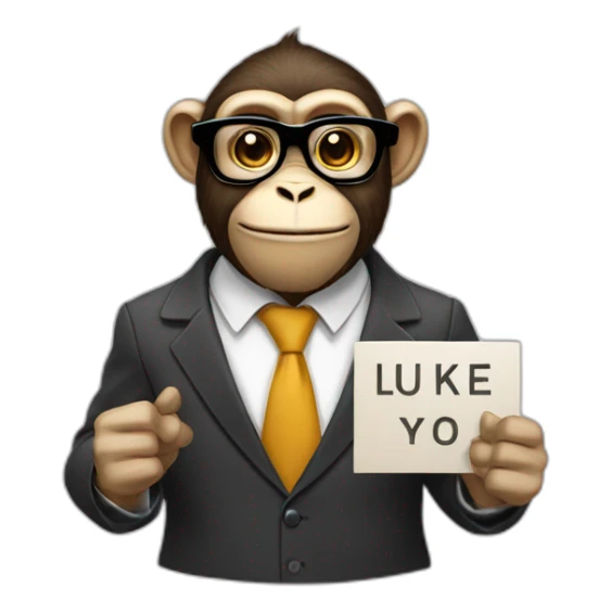 monkey professor with glasses and beard and mustache and suit holding a sign with like sticker