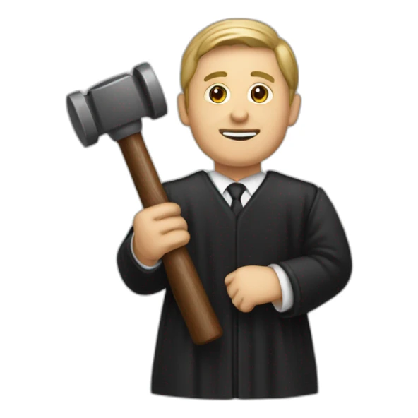 male judge holding a small woodden hammer sticker