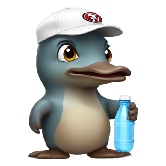 cartoon platypus wearing a white 49er hat holding water bottle sticker
