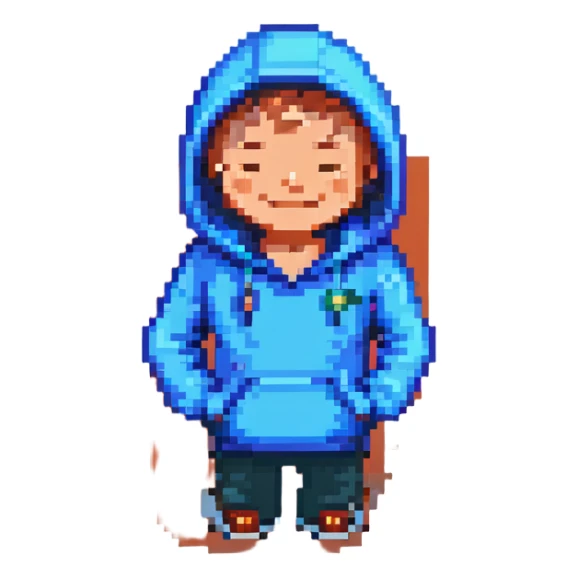 pixel art of a man with a blue hoodie, smiling and blinking animation, simple background sticker