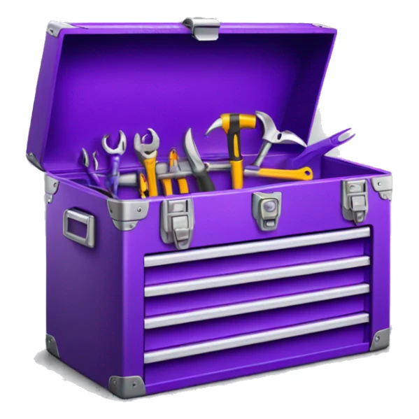 Realistic metallic purple tool box with top open and tools inside of it isolated.  sticker