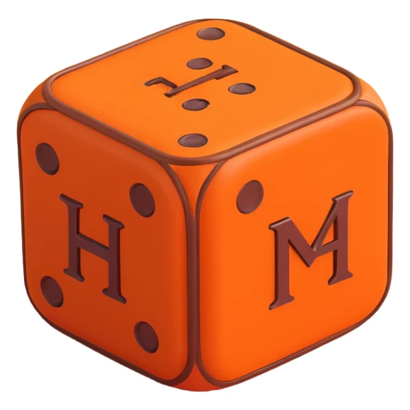 single dice, 3D, Hermès orange color with brown camel leather trim, elegant, no text sticker