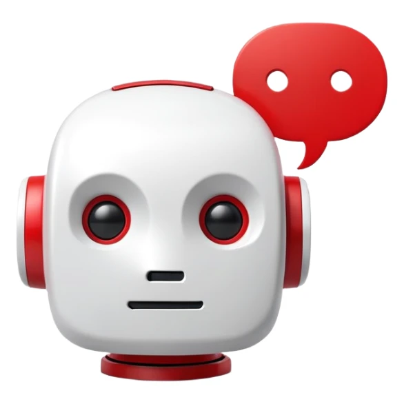 A minimalist 3D icon of a friendly robot head with a speech bubble, in red and white color scheme, clean design, soft shadows, YouTube-inspired style sticker