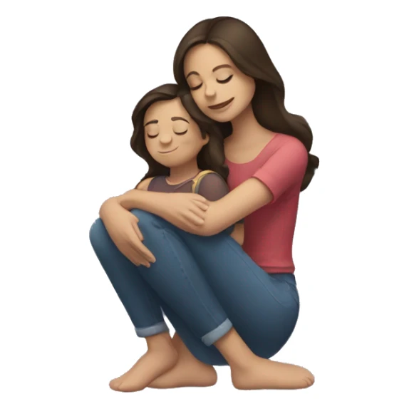 A brunette in her 20s hugging a child version of herself with closed eyes and sitting on her knees sticker