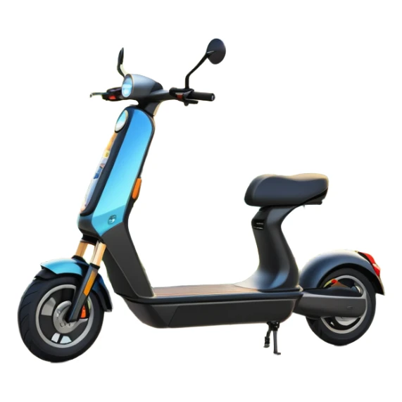 An icon featuring a sleek electric scooter parked on a scenic path. The background showcases a vibrant city park with green trees, flowers, and a clear blue sky. The sun sets in the distance, casting a warm golden glow on the landscape. Transparent background highlights the modern design of the scooter sticker