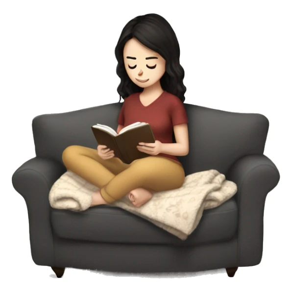 White girl dark hair reading a kindle on a couch with tea and blanket sticker