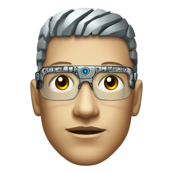 Male cyborg head with metallic skin, flat top, rectangular glasses and circuits sticker