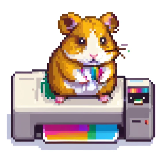 pixel art of a hamster standing on a colorful inkjet printer sticker