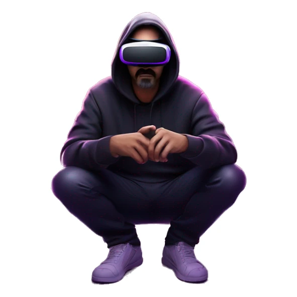 Big Lebowski wearing a black hoodie with "OMG" letters on it and VR headset oculus quest 2 in a cyberpunk VR environment with violet neon lighting. Showing direction with hand sticker