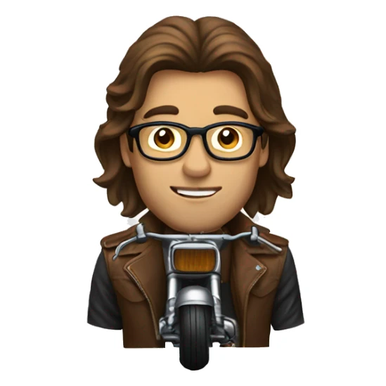 Man with long brown hair and glasses riding a motorcycle sticker