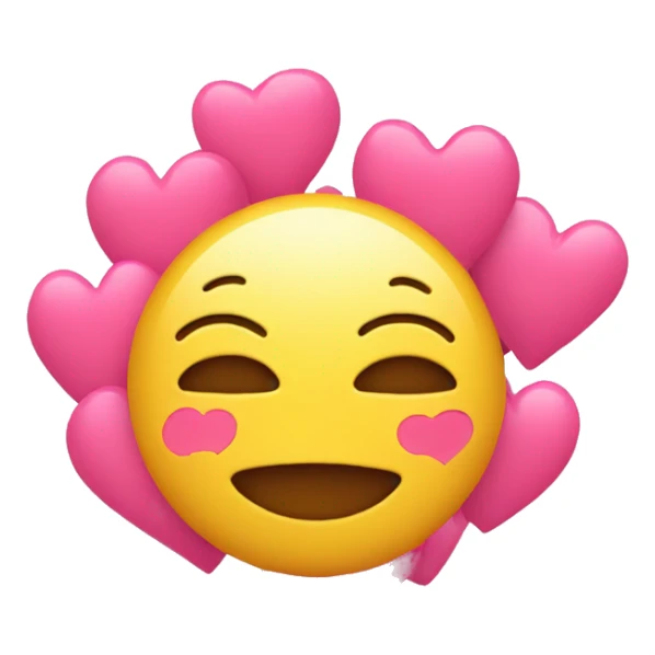 Blushing yellow emoji with pink hearts around it sticker