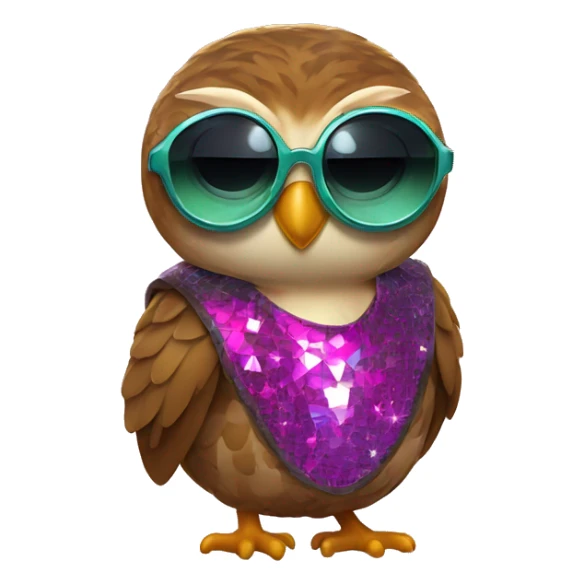 a rowlet brown owl emoji with sunglasses and a 80s disco outfit on sticker