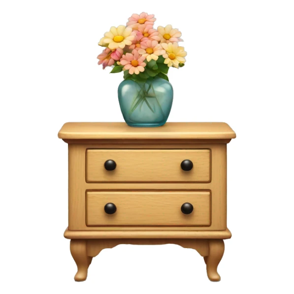 vintage night stand, light wood, vase with flowers on top sticker