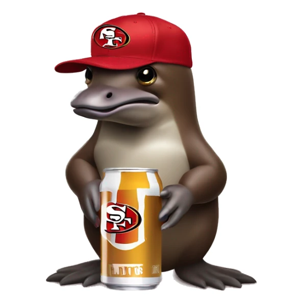 platypus in a 49ers cap holding a white beer can sticker
