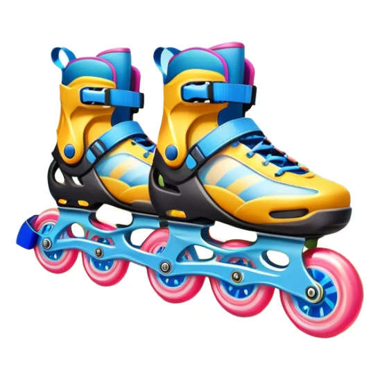An icon featuring a pair of colorful rollerblades placed on a smooth path. The background showcases a picturesque park with lush greenery, blooming flowers, and a clear blue sky with soft clouds. The bright sunlight adds a cheerful touch to the scene. Transparent background sticker