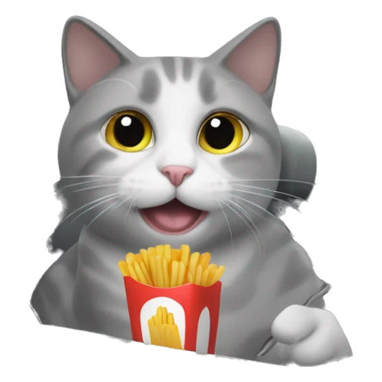grey and white cat eating french fry while also in a car sticker