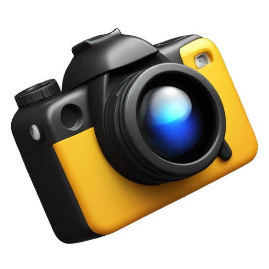 In the center of a pure black background, a 3D mimetic digital camera is facing the lens at a 0-degree angle sticker