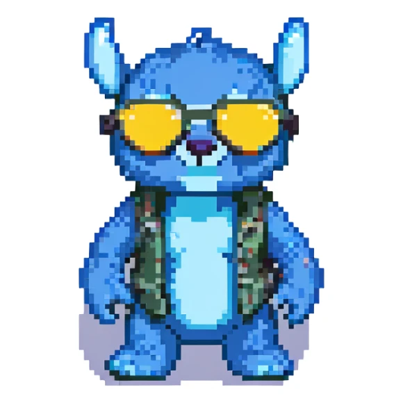 Stitch from Lilo & Stitch, pixel art style, wearing sunglasses, cool pose sticker