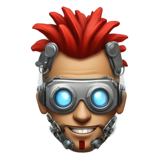 cyborg head with red Mohawk, red beard. silver steampunk monocle goggles a smile and circuits sticker
