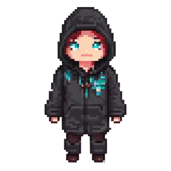 Extract and isolate the character in the black hooded outfit, preserving the original Minecraft pixel art style, colors, and transparent background. sticker