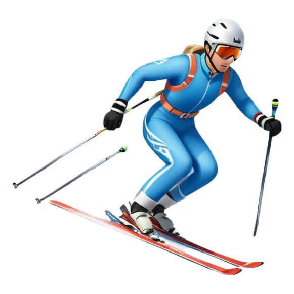 An icon featuring a skier racing down a snow-covered slope, surrounded by snowy peaks, pine trees, and a picturesque mountain landscape. The sky is blue with soft clouds, capturing the thrill and beauty of alpine skiing. Transparent background highlights the excitement and serenity of winter sports. sticker