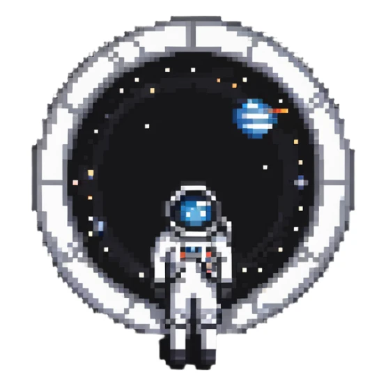 pixel art style illustration inspired by the film Interstellar, featuring a space explorer and wormhole sticker