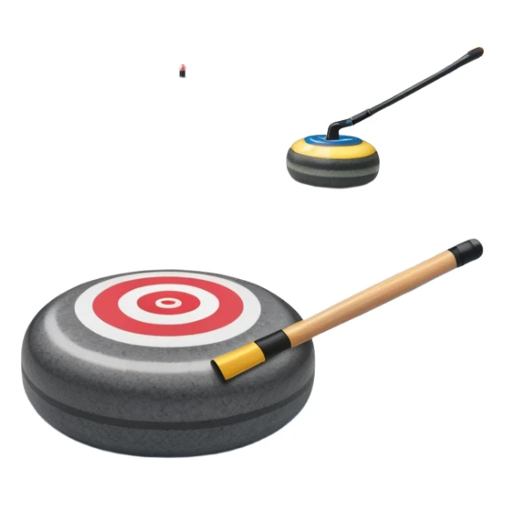 An icon featuring a curling stone in the foreground on an ice sheet with marked target circles. A curling broom rests nearby. In the background, a grand indoor stadium with bright lights and cheering fans. The ice reflects the vibrant colors of the surroundings. Transparent background. sticker