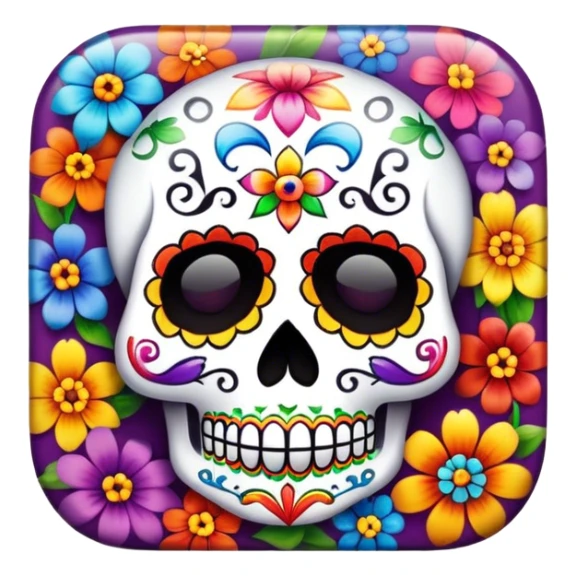 Beveled square shaped button with day of the dead sugar skull and rainbow colored flowers in the center sticker