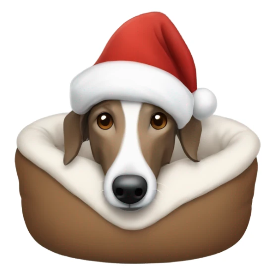 A brown and white lurcher wearing a Christmas hat all snuggled in his bed sticker