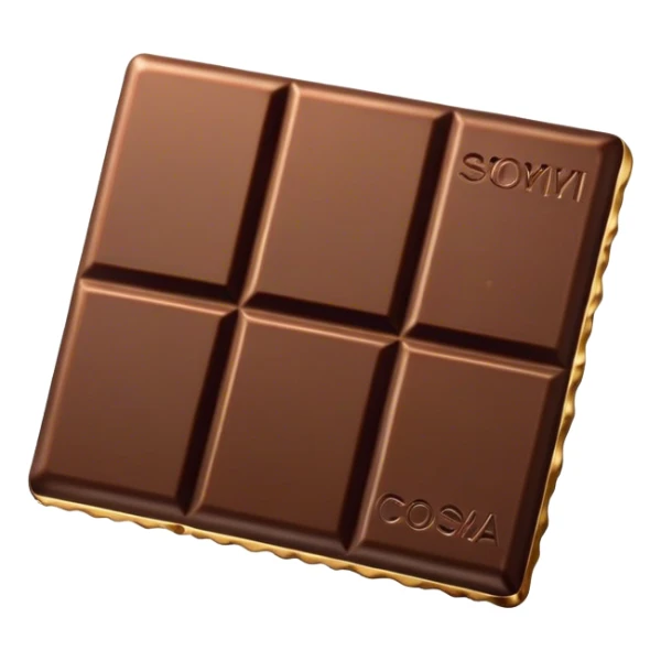Cinematic silky dark chocolate bar, broken into perfect squares, rich cocoa tones, slightly melting edges, fine texture and decadent shine, warm golden highlights, tempting and rich. sticker